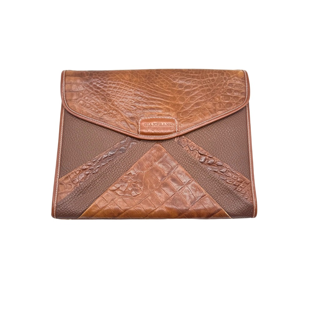 Gianfranco Ferre Vintage Brown Croc Embossed Leather Envelope Clutch Bag Italy